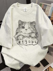 Plus Size Plus Size Ladies Pure Cotton Niche Design Cat Printing Short-Sleeved T-shirt for Women Loose Fashion Brand American Couples Tops