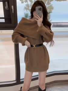 French Elegant Knitted Off-Shoulder Sweater Dress Womens Base Layer Mini Dress Autumn Winter New Style Small Size Ladies Dress