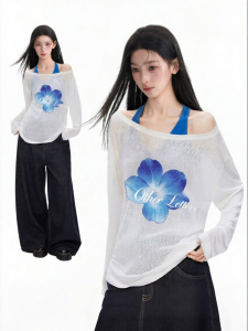 BAIDAIFEI | White Off-Shoulder Thin See-through Long-sleeved UV Protection Blouse