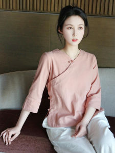 White Young Style Womens Hanfu Top Buttoned Cotton Summer Fashionable Monastic Clothing Chinese Traditional Ethnic Womens Wear