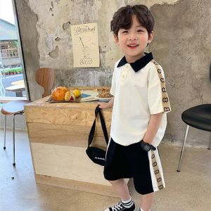 Children King Suit for Kids Boys Tshirt Pants Short Sleeve Polo Top Set Teenage Sport Casual Running Outfit Baby White Clothes Summer Cotton Teens School Uniform Handsome Boy baju melayu budak lelaki