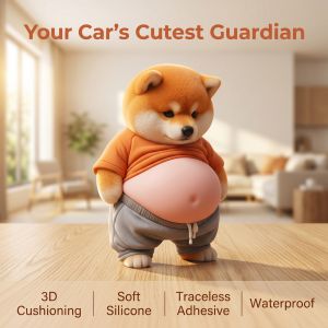 3D Shiba Inu Dog Belly Sticker - Cute puppy wearing orange outfit with soft pink background silicone self-adhesive
