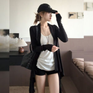 BINKAFENNY | Black Irregular Hem Ice Silk Sun Protection Knit Open Cardigan