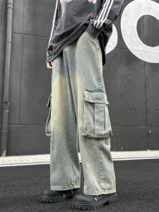 Spring High Street Washed Distressed Cargo Jeans Mens Hip Hop Retro Loose Casual Straight-leg Mop Pants