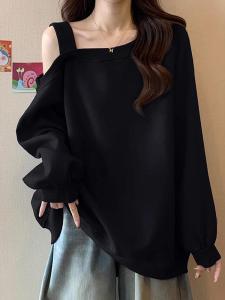 plus Size Lazy Style Shoulder Bared Sweatshirt Womens Long Sleeve Spring Autumn plus Size Meat Conceal Thinming Diagonal Shoulder Top