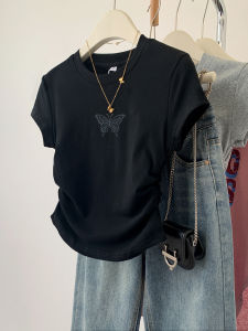Black Butterfly Embroidery Short Sleeve T-Shirt Womens Summer New Design Sensation Slim Fit Top Korean Style Commute Fashion