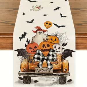 1Pc Halloween Theme Table Flag Pumpkin Lantern Ghost and Ghost Orange Truck Design Suitable for Party Restaurant Home Holiday Decoration Scene.