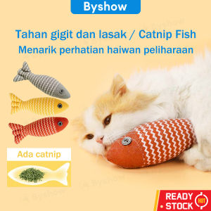 Byshow Cat Toy Fish Teeth Grinding Toys Teasing Stick Self Happy with Kitten fish pillow Catnip Fabric Pemainan Kucing Bantal Ikan Tahan Gigitan Rekaan Ikan Realistik untuk Stress Relief Pembersihan Gigi Kucing