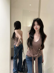 GUZILIAN | Korean Style Striped V-Neck Wrap Top Womens Design Slimming Backless Sleeveless Vest Outerwear Thin Hanging Neck Strap Vest