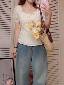 plus Size French Sweet Spicy Square Collar Short Sleeve Shirt Women Summer Slimming Top Waist Cinched Floral Print Blouse