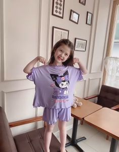 LNR Shop Setelan Lengan Pendek Oversize dan Celana Pendek Ruffle Motif Sanrio Cinnamon Roll Kuromi My Melody Bear Lotso Kartun Bahan Katun Kaos Lengan Pendek Untuk Anak Perempuan Pakaian Set Musim Panas Stelan Santai Rumahan