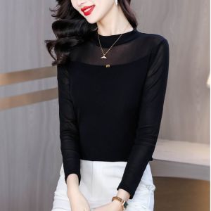 MAIMEI | Slim Fit Long Sleeve T-Shirt Lace Halfling Collar Simple Style Black Fashion Top Korean Version Commute Style Polyester Fiber