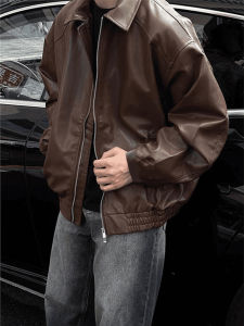 American Brown Cropped Leather Coat Mens Autumn Fancy Handsome Motorcycle Clothing Maillard Wear Polo Collar Jacket