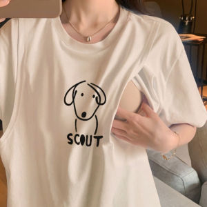 Breastfeeding T-Shirt Summer Loose Pure Cotton Feeding Maternity Postpartum Slimming Short Sleeve round Neck Cartoon Print