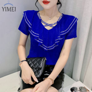 YIMEI เสื้อตาข่ายคอวีผู้หญิง เสื้อทรงพองคอวีคอวี 2023 หนักใหม่ ทำงานหนัก 20 ราคาที่สะดวก