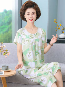 Lightweight Short Sleeve Sleepwear Set for Middle-Aged And Elderly Women Cotton Silk Loose Fit Home Clothes Can Be Worn outside