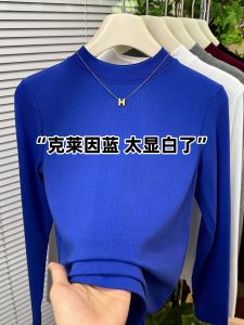 Fashionable High-End Klein Blue Long Sleeve Base Layer Shirt Womens Autumn Best-selling Slimming Half High Collar T-shirt