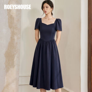 Roey s house | Đầm Công Sở Sang Trọng Xanh Đậm Dây Quai Vuông Tay Bồng Dài Ngang Gối