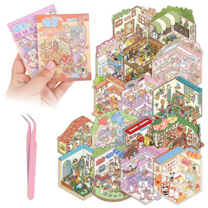 Pocket DIY 3D Sticker Scene Collection Book DIY 3D House Stickers Therapy Cute Cartoon Mini Stickers Scenes for Relief Stress