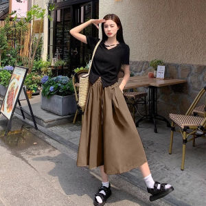 กางเกงกระโปรงทรงหลวมเอวสูงสไตล์เกาหลีสำหรับผู้หญิงในช่วงฤดูร้อนปี 2025 กางเกงขายาวทรงหลวมสไตล์ลำลอง