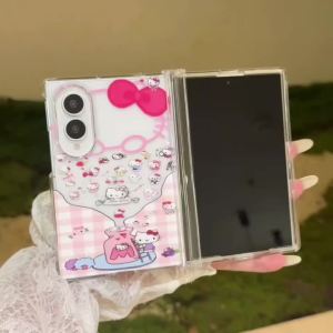 Sanrio | Cartoon Bow Sanrio Hello Kitty PC Transparent Case For Samsung Z Fold 8 Ultra Z Fold 7 6 5 4 3 With Chain Hinge Protective Cover
