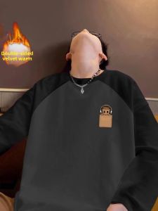 American Style Thickened Fleece Lined Patchwork Loose Fit Thermal Shirt for Men Autumn Winter New Arrival Warm Inner Wear Top