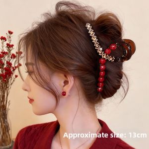NING ZHOU | Red Furry Clip Large Size Elegant Crystal Pearl Ponytail Holder