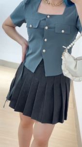 6126 Squilla Button Shirred Square Neck Crinkle Crop Top Blouse Atasan Wanita