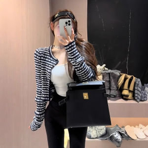 Áo Len Cardigan Dệt Kim Tay Dài Ngắn Thời Trang Đầu Thu Cho Nữ Áo Khoác Ngoài Ngắn Họa Tiết Sọc Màu Tương Phản Áo Len Cổ Tròn