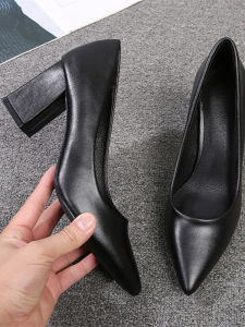 High Heels Womens Thick Heel 7cm Professional Soft Leather Pointed Toe Flats Womens Mid Heel 5cm Work Shoes Black Working Wear Work Shoes