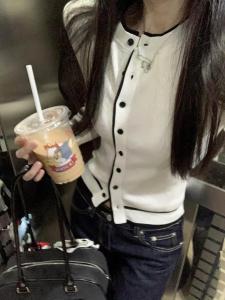 Korean Style Color Block Long Sleeve Knitted Open Cardigan Womens Slim Fit Short Base Shirt Trendy Top Cotton round Neck