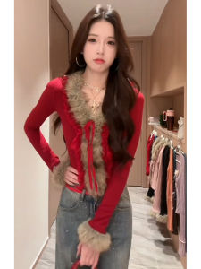 YUEZHONGWEI | French Stylish Faux Fur Collar Bow Red Turtleneck Top