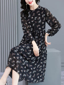 Chiffon Floral Print Long Sleeve Dress Womens Loose Fit Elegant Silken Tea Break French Style Maternity Dress Autumn New Arrival