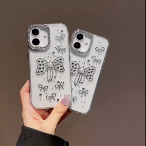 เคสซอฟต์ใส่โบว์ประดับเพชรและไข่มุกสำหรับ iPhone 11 12 13 14 15 16 Pro Max โปร่งใสป้องกันการตกหล่นสำหรับเคส iPhone 13
