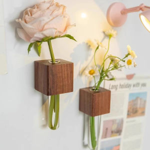 Magnetic Vase for Refrigerator Wooden Fridge Magnet Planters with Glass Tubes Decoration Holder for Home Kitchen Decor