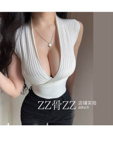 Elegant French Vintage Womens Deep V-neck Slimming Pure Color Vest Spring New Style Elastic Waistband Casual Versatile Top