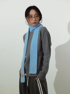 Narrow Knitted Wool Blend Scarf Iceland Blue Solid Color Warm for Women Autumn Winter Fashion Korean Style Rectangle Shape Scarf