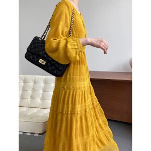 Alisa.Sonya 2023 Womens New French Pressed Pleated Dress Korean Waist Wrapped Chiffon Long Sleeve Fairy Dress