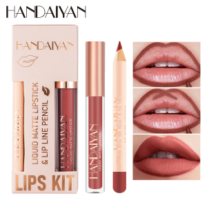 Bộ Son Trang Điểm Hàn Quốc 2 Trong 1 Chống Nước Lâu Trôi Kèm Chì Kẻ Môi Lớp Nền Lì Mỹ Phẩm Chiết Xuất Từ Thực Vật Tự Nhiên