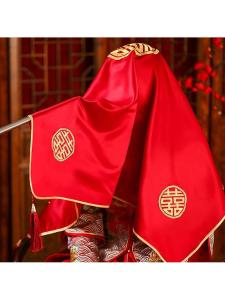 FENGHONGTAO | Red Chinese Style Embroidered Wedding Veil with Tassels