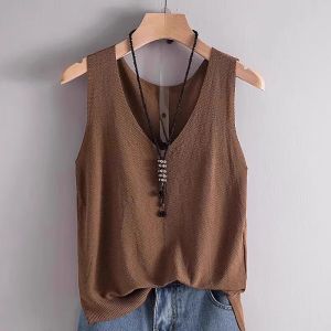 DVDK | Browny Flax Knitted Camisole Spacious Loose Large Size V-Neck Sleeveless Vest