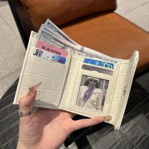 Korean Style Short Leather Wallet Multi-Function Card Holder Foldable Multi-Slot Stone Pattern Design Fashionable Minimalist