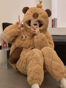 2025 New Capybara Coral Fleece Womens Sleepwear Thickened Fluffy Home Clothes Long Sleeve Long Pants Hat And Gloves Set