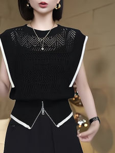 Elegant Black Hollow out Knitwear Womens Semi-Zip Design Summer New Style Slimming Top Korean Style Commute Fashion