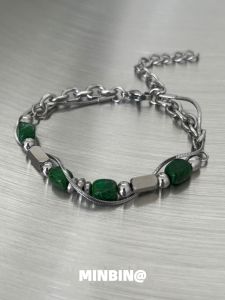 Double Layer Chinese Style Natural Stone Bracelet for Men Green Color Vintage Hip Hop Hand Jewelry Fashionable Accessory