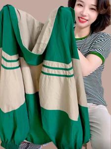 Summer New Style Womens Large Size Thin Color Block Hat Casual UV Protection Sportswear Fashionable Zipper Closure Long Sleeve Coat