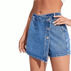 Womens High Waisted Denim Skort Asymmetric Button Detail Frayed Hem Skirt Shorts Summer Casual Streetwear Trendy Outfits