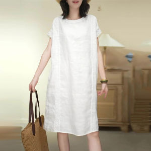 DAIXIANGFEIZI | Cotton Linen Summer Short Sleeve Midi Dress for Small Stature Ladies