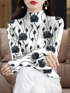 Áo Thun Nữ Dài Tay in Họa Tiết Mùa Thu Cổ Cao Đa Năng Mặc Trong Và Ngoài Quần Áo Thường Ngày Chống Khuẩn Kháng Bong Lông