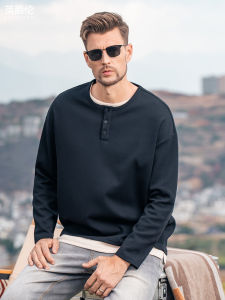 Enjeolon | Henley Neck Casual Long Sleeve T-Shirt Mens Fashion Loose Fitting Solid Color 260g